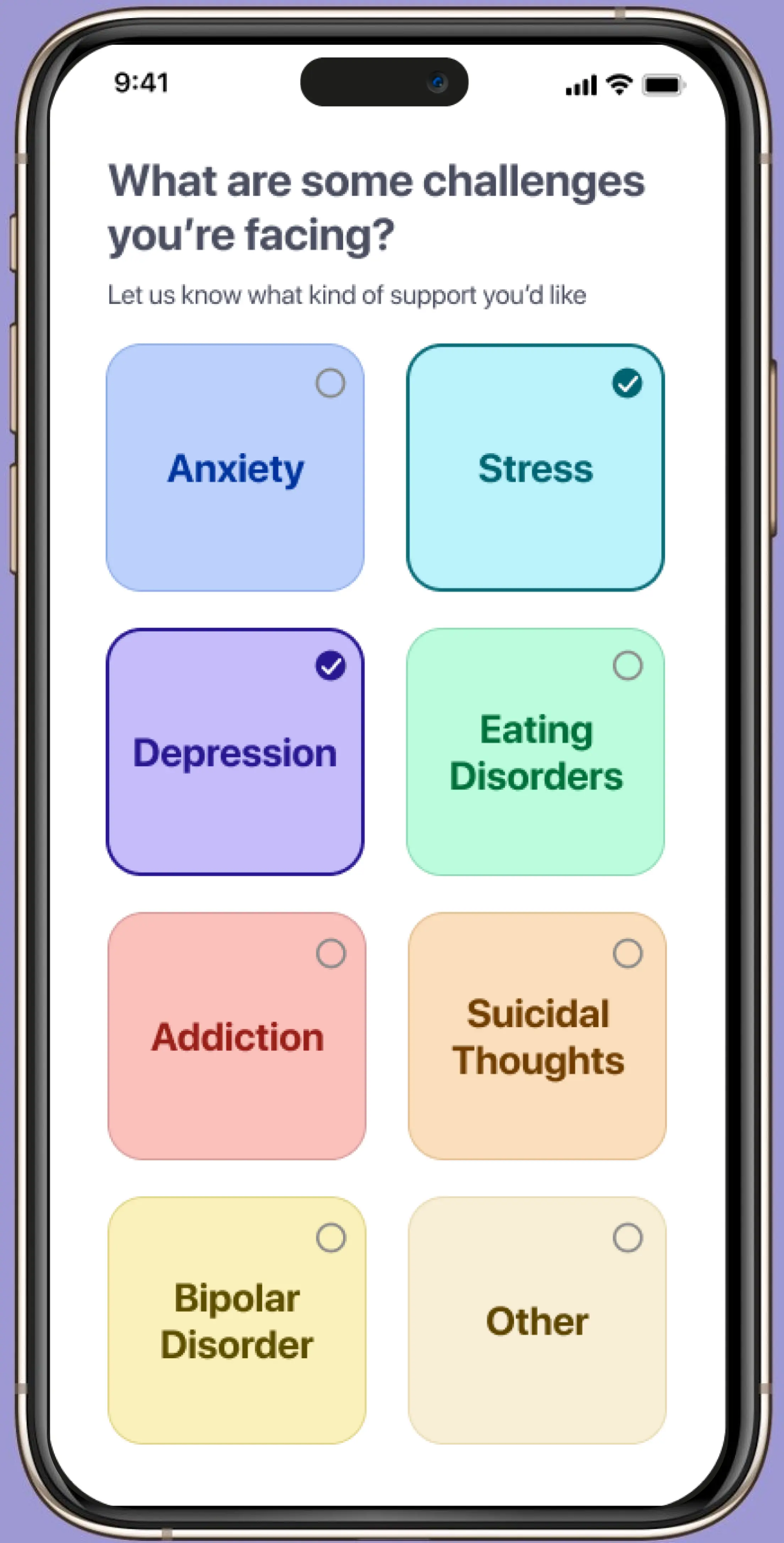 mobile phone prototype with high-fidelity wireframe of onboarding process prompting user to select mental health challenges they face